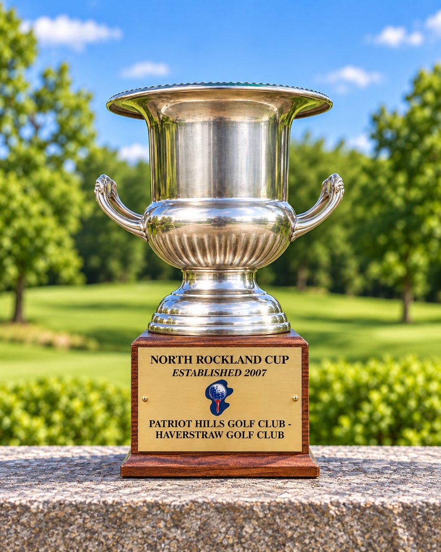 The North Rockland Cup: a silver two-handled trophy cup on a wooden base; its brass plate reads North Rockland Cup, Established 2007, Patriot Hills Golf Club &ndash; Haverstraw Golf Club